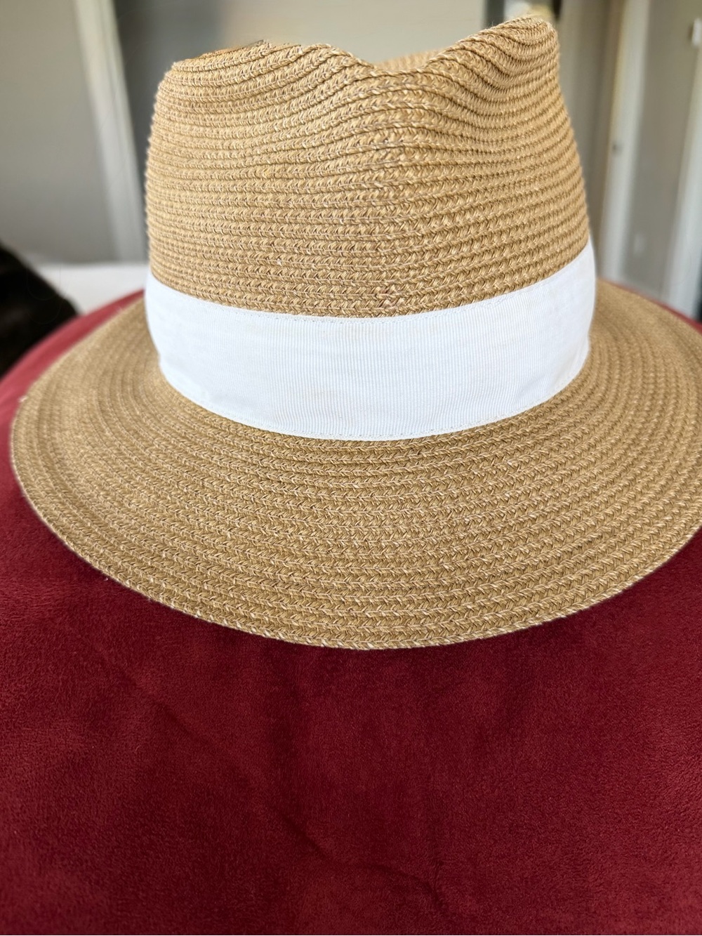 Eric Javits Tan Straw Fedora with White Band - Picture 2 of 9